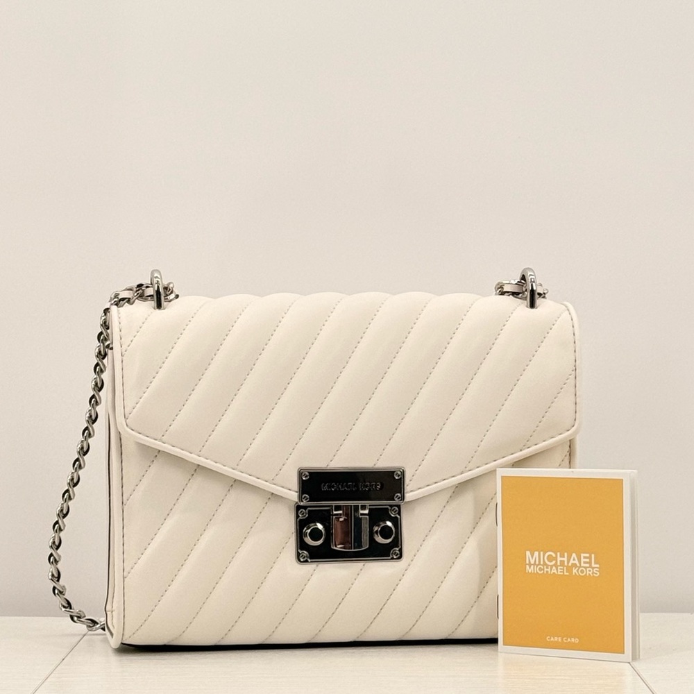 Michael Kors Rose Quilted Leather Chain Shoulder Bag Optic White